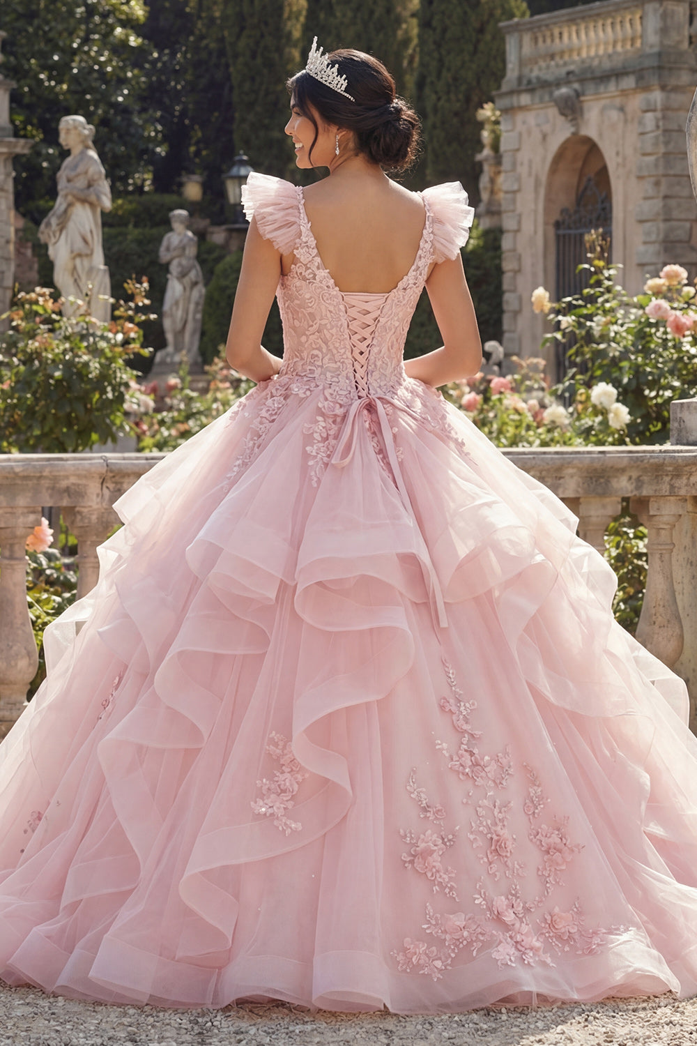 V-Neck Pink Princess Floral Long Corset Quinceanera Dress with Ruffles