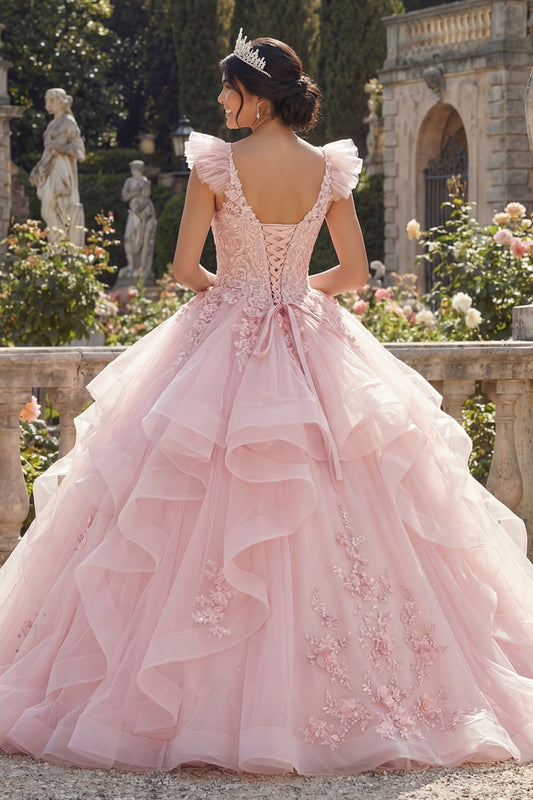 V-Neck Pink Princess Floral Long Corset Quinceanera Dress with Ruffles