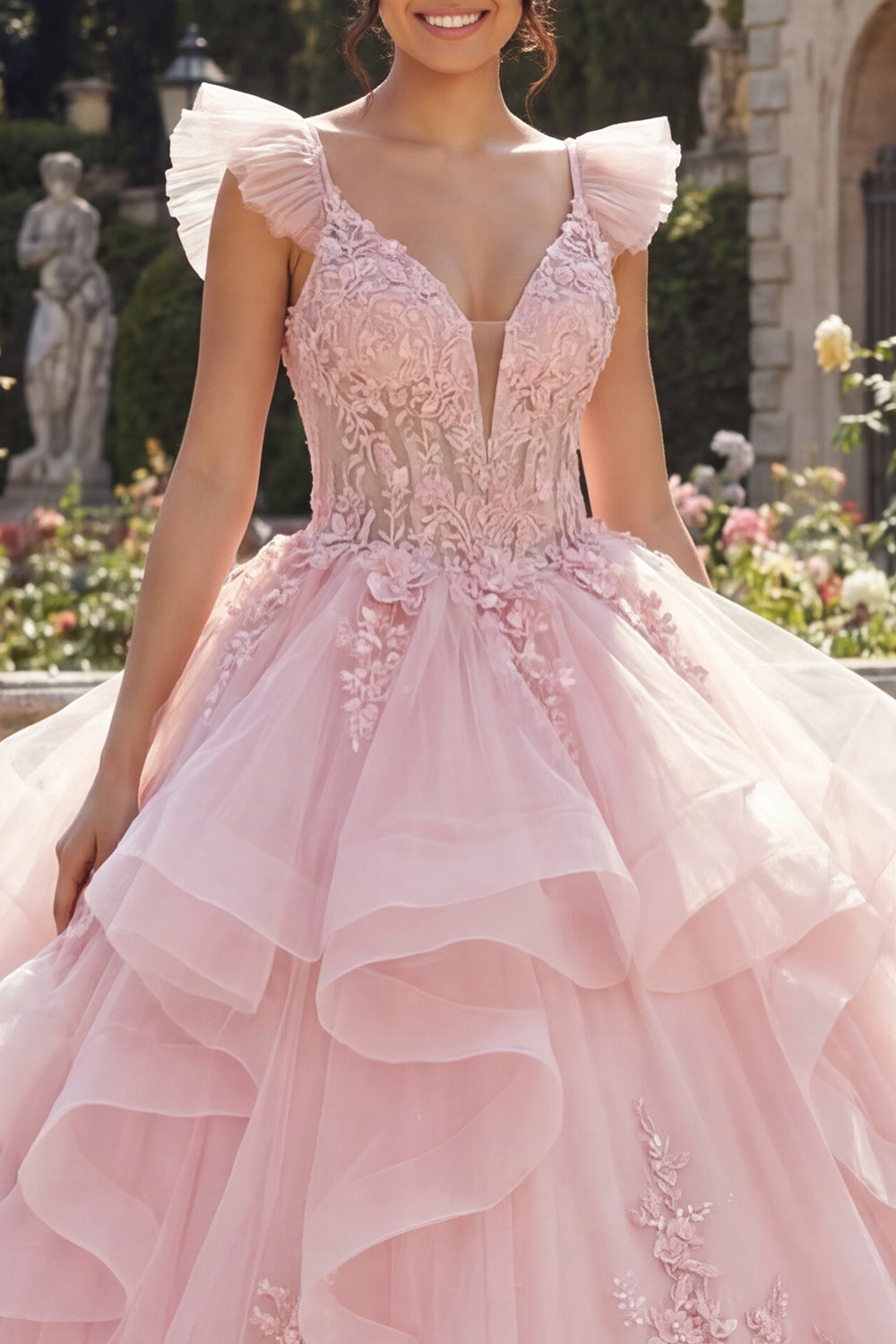V-Neck Pink Princess Floral Long Corset Quinceanera Dress with Ruffles