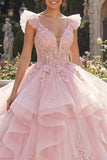 V-Neck Pink Princess Floral Long Corset Quinceanera Dress with Ruffles
