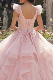 V-Neck Pink Princess Floral Long Corset Quinceanera Dress with Ruffles