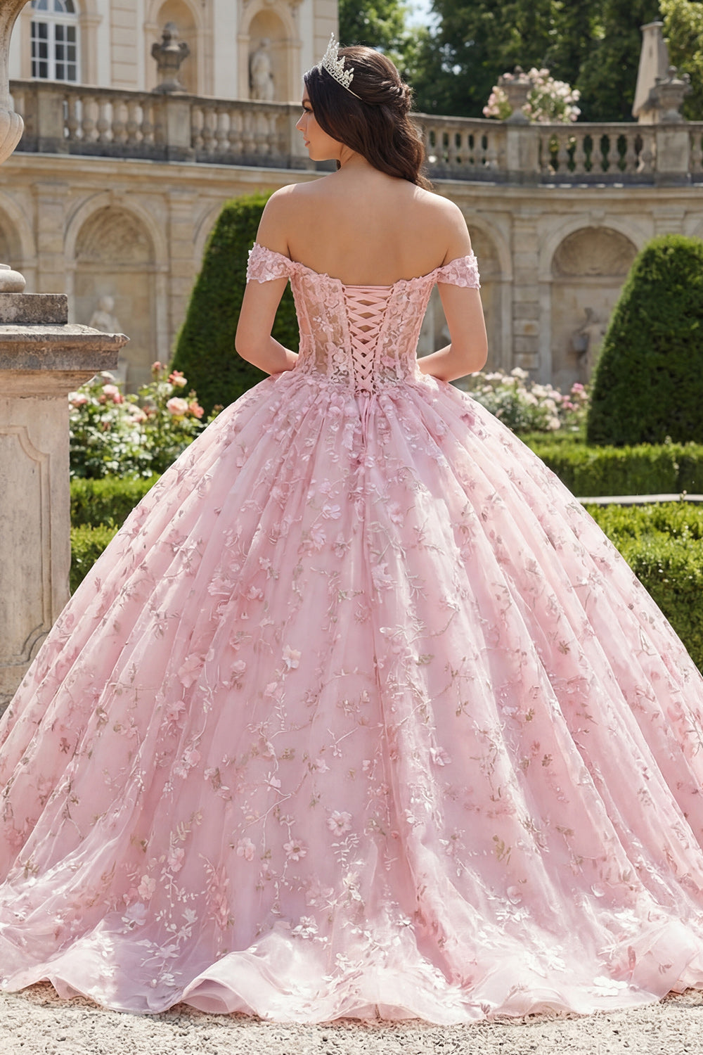 Pink Princess Sequin Floral Long Corset Off the Shoulder Quinceanera Dress