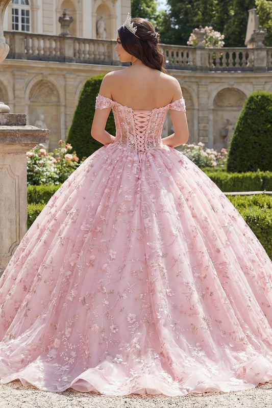 Pink Princess Sequin Floral Long Corset Off the Shoulder Quinceanera Dress