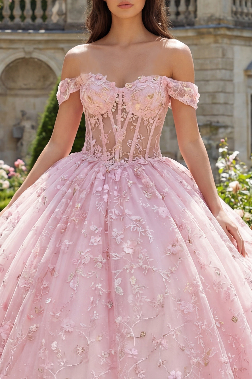 Pink Princess Sequin Floral Long Corset Off the Shoulder Quinceanera Dress