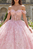 Pink Princess Sequin Floral Long Corset Off the Shoulder Quinceanera Dress