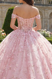 Pink Princess Sequin Floral Long Corset Off the Shoulder Quinceanera Dress