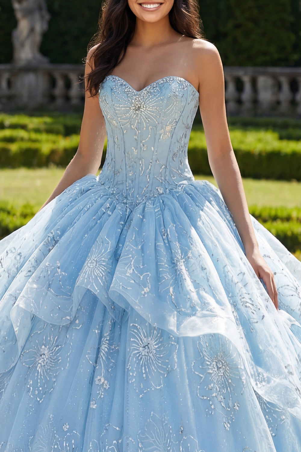 Sparkly Sky Blue Beaded Princess Floral Long Corset Quinceanera Dress with Ruffles