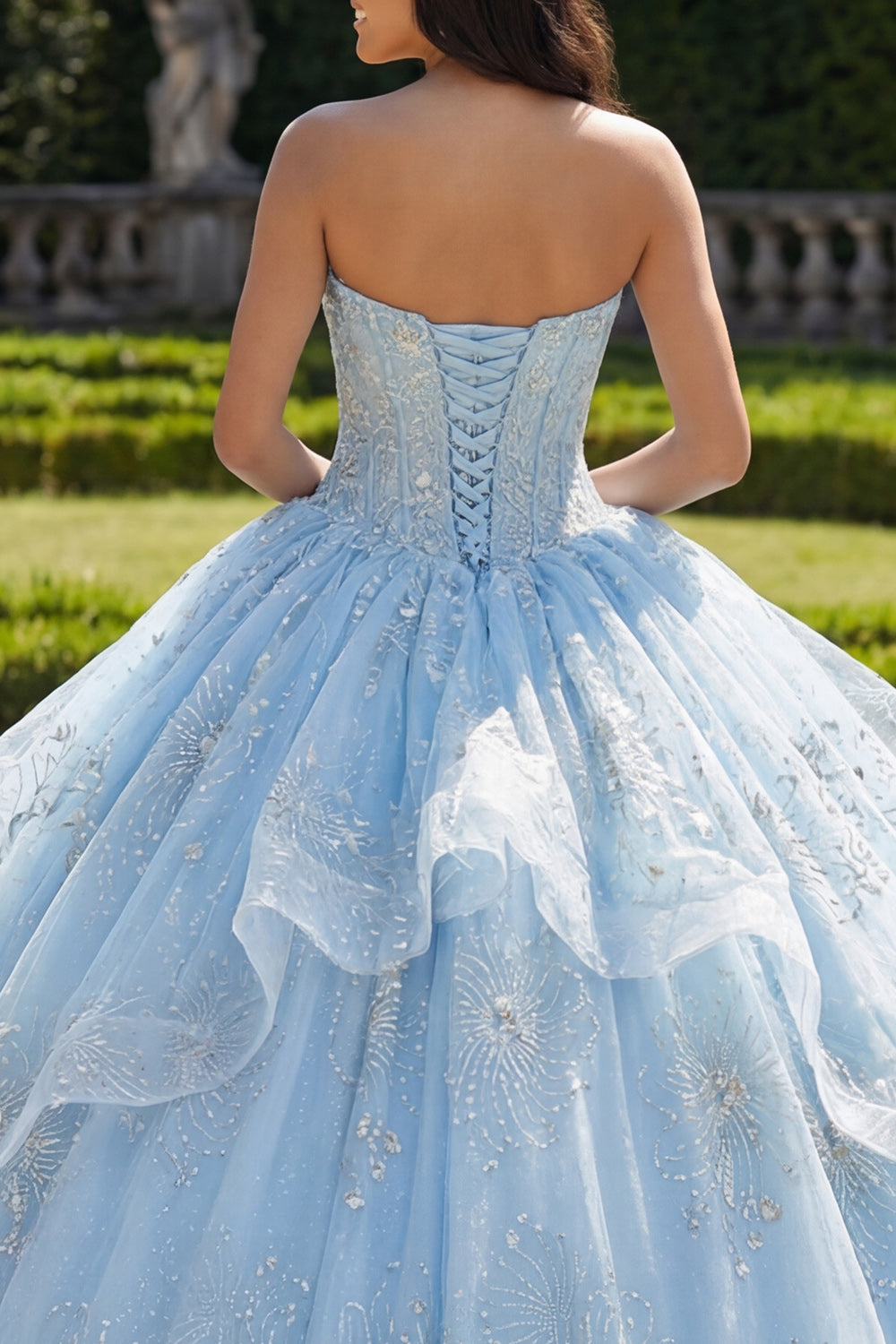 Sparkly Sky Blue Beaded Princess Floral Long Corset Quinceanera Dress with Ruffles