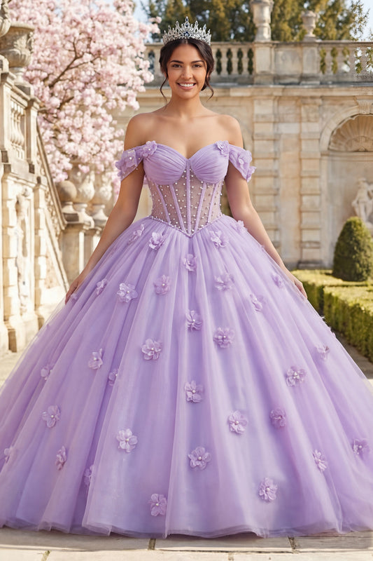 Lilac Floral Long Corset Off the Shoulder Princess Quinceanera Dress with Pearls