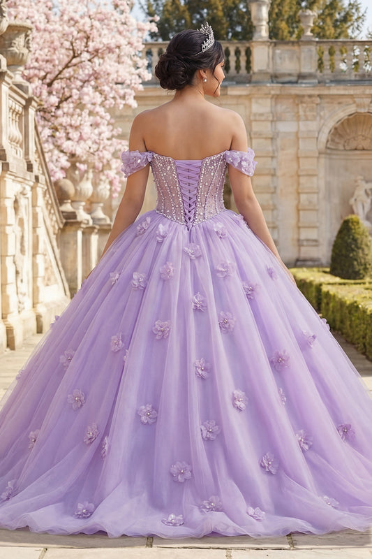 Lilac Floral Long Corset Off the Shoulder Princess Quinceanera Dress with Pearls