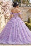 Lilac Floral Long Corset Off the Shoulder Princess Quinceanera Dress with Pearls