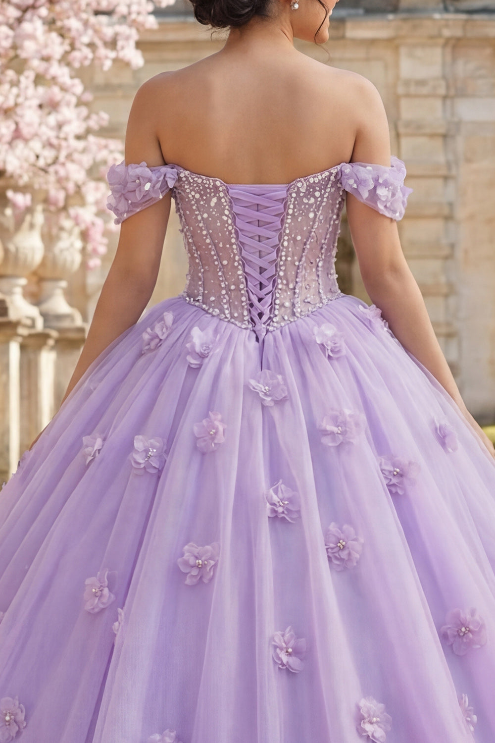 Lilac Floral Long Corset Off the Shoulder Princess Quinceanera Dress with Pearls