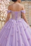 Lilac Floral Long Corset Off the Shoulder Princess Quinceanera Dress with Pearls