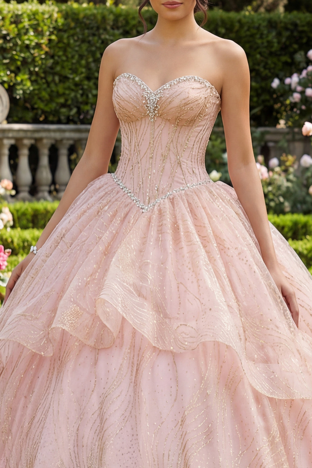 Sparkly Pink Princess Sequin Beaded Long Corset Quinceanera Dress with Ruffles