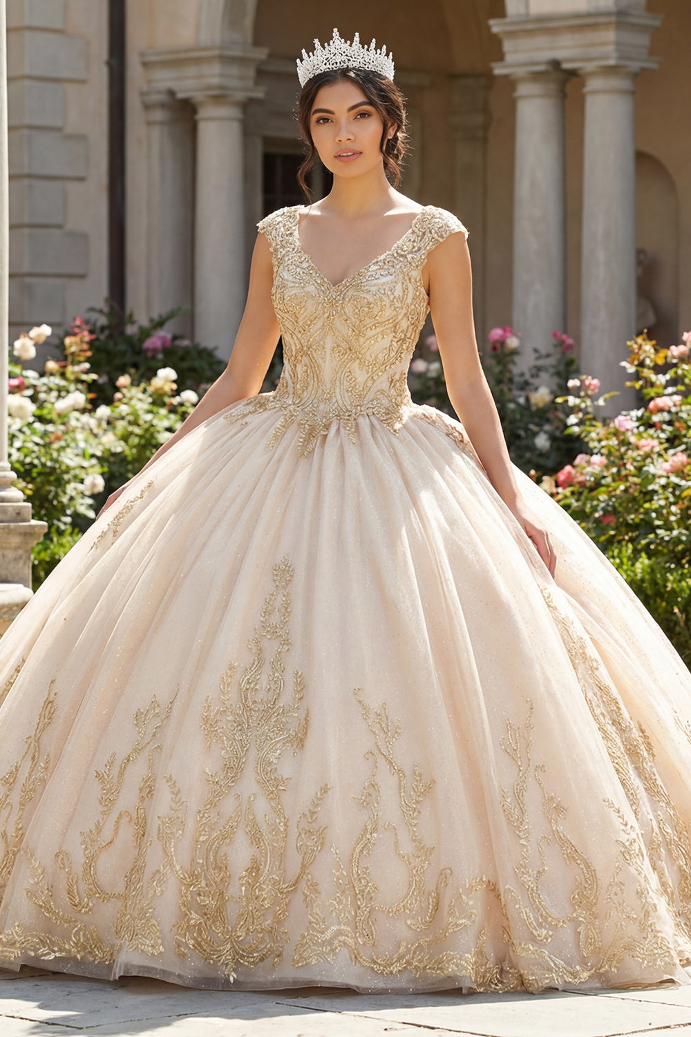 Champagne Princess Appliqued Long Quinceanera Dress
