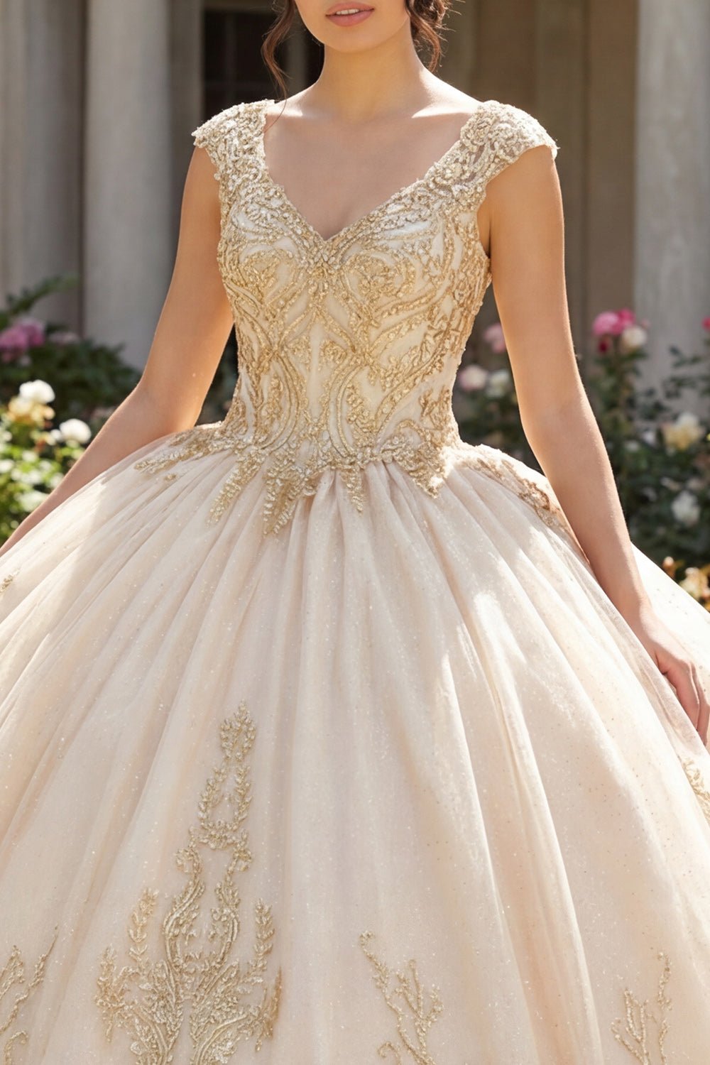Champagne Princess Appliqued Long Quinceanera Dress