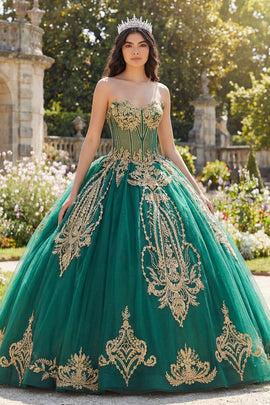 Sparkly Green Beaded Princess Strapless Long Corset Quinceanera Dress with Appliques