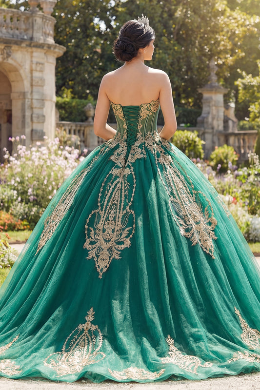Sparkly Green Beaded Princess Strapless Long Corset Quinceanera Dress with Appliques