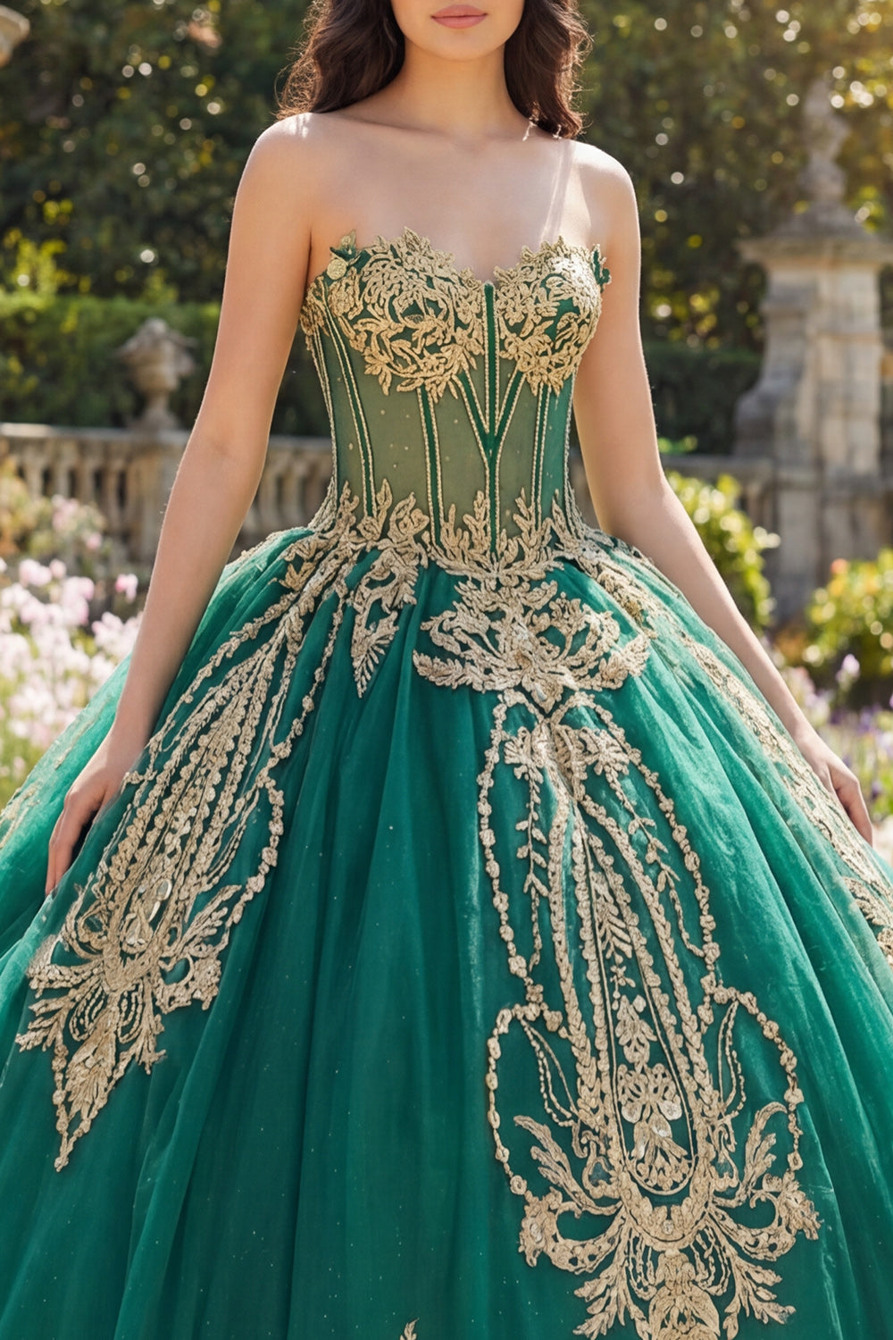 Sparkly Green Beaded Princess Strapless Long Corset Quinceanera Dress with Appliques