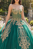 Sparkly Green Beaded Princess Strapless Long Corset Quinceanera Dress with Appliques