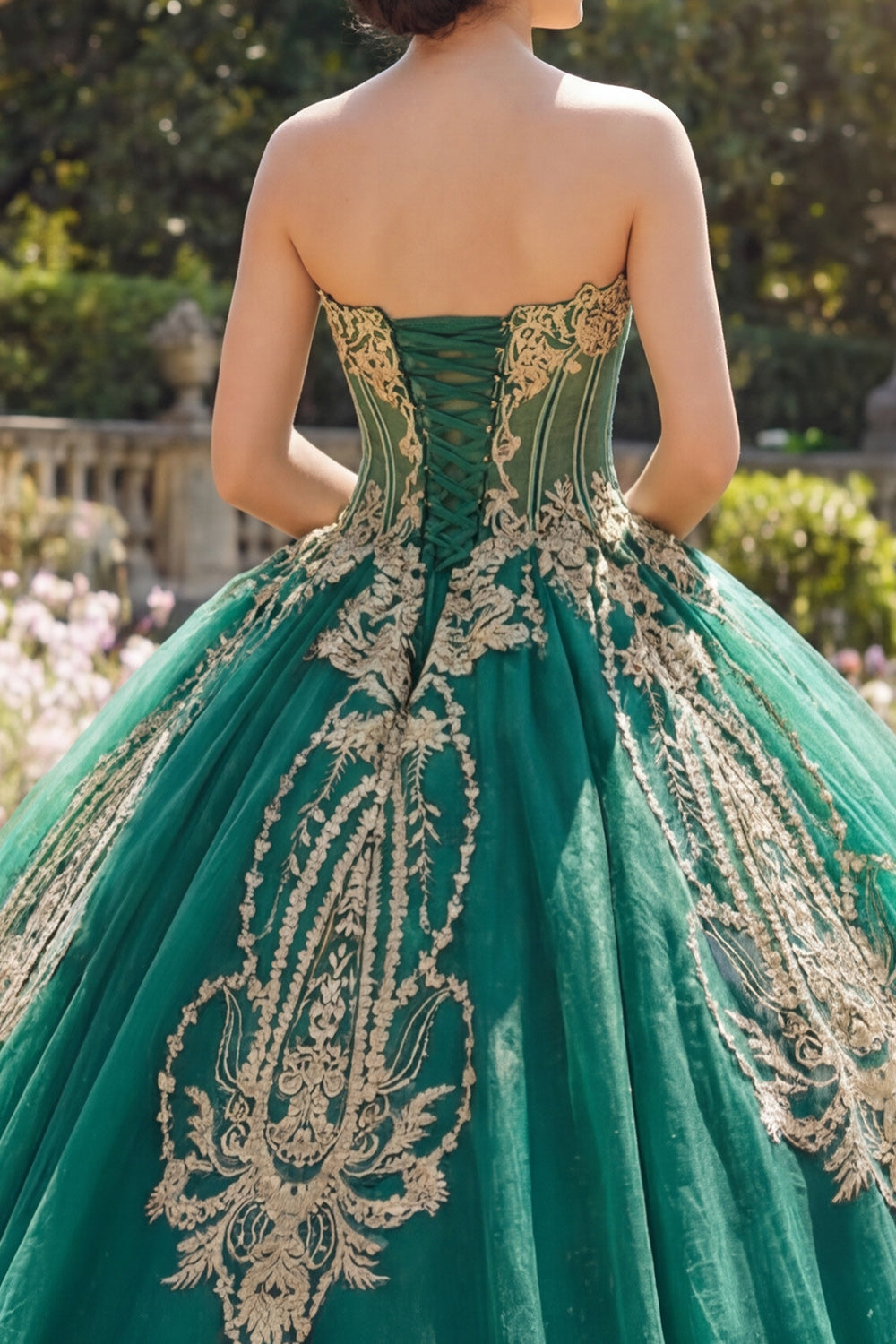 Sparkly Green Beaded Princess Strapless Long Corset Quinceanera Dress with Appliques