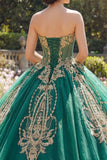 Sparkly Green Beaded Princess Strapless Long Corset Quinceanera Dress with Appliques