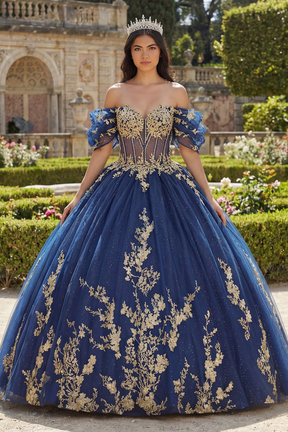 Appliqued Navy Glitter Princess Floral Long Corset Quinceanera Dress