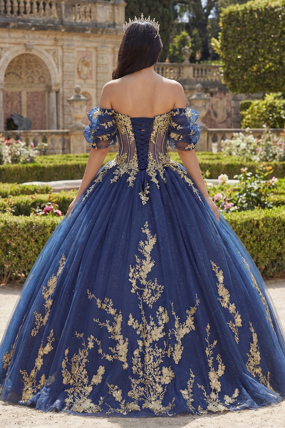 Appliqued Navy Glitter Princess Floral Long Corset Quinceanera Dress