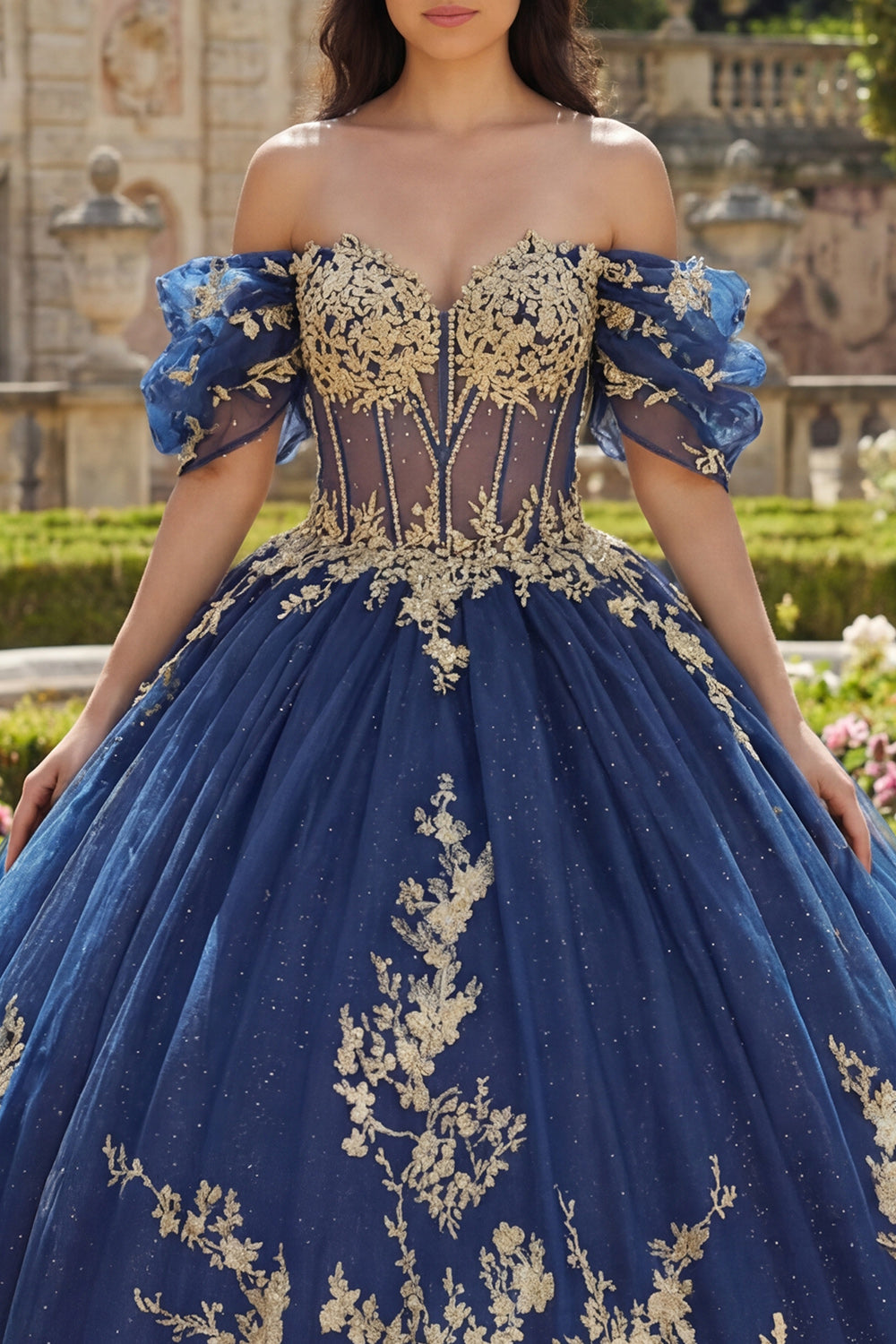 Appliqued Navy Glitter Princess Floral Long Corset Quinceanera Dress