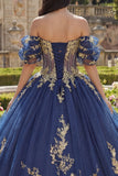 Appliqued Navy Glitter Princess Floral Long Corset Quinceanera Dress