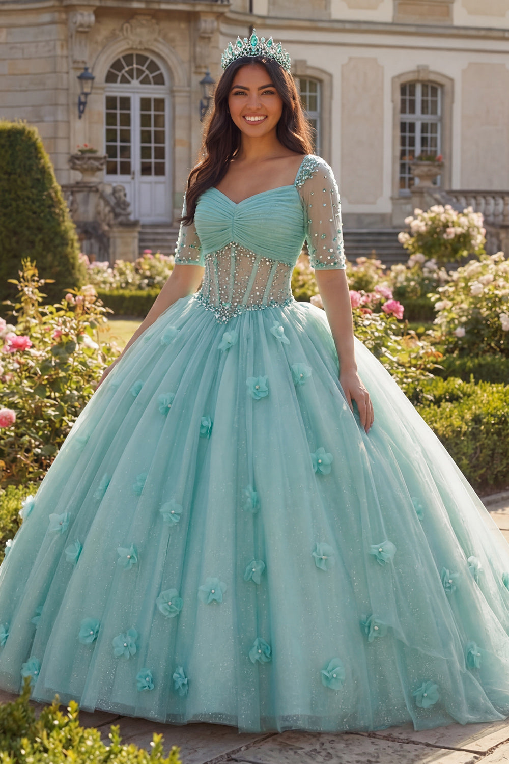 Sparkly Light Green Beaded Princess Glitter Floral Long Corset Quinceanera Dress