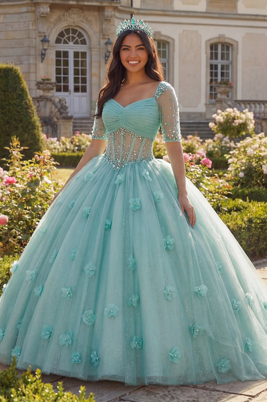 Sparkly Light Green Beaded Princess Glitter Floral Long Corset Quinceanera Dress