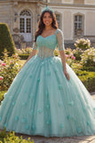 Sparkly Light Green Beaded Princess Glitter Floral Long Corset Quinceanera Dress