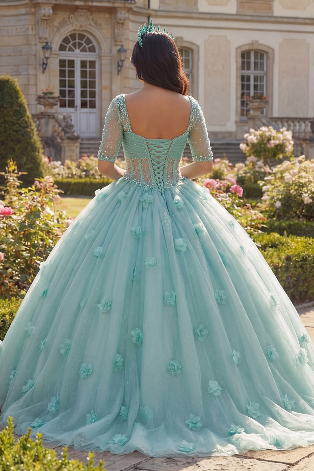 Sparkly Light Green Beaded Princess Glitter Floral Long Corset Quinceanera Dress