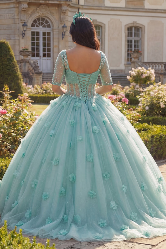 Sparkly Light Green Beaded Princess Glitter Floral Long Corset Quinceanera Dress