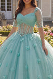 Sparkly Light Green Beaded Princess Glitter Floral Long Corset Quinceanera Dress