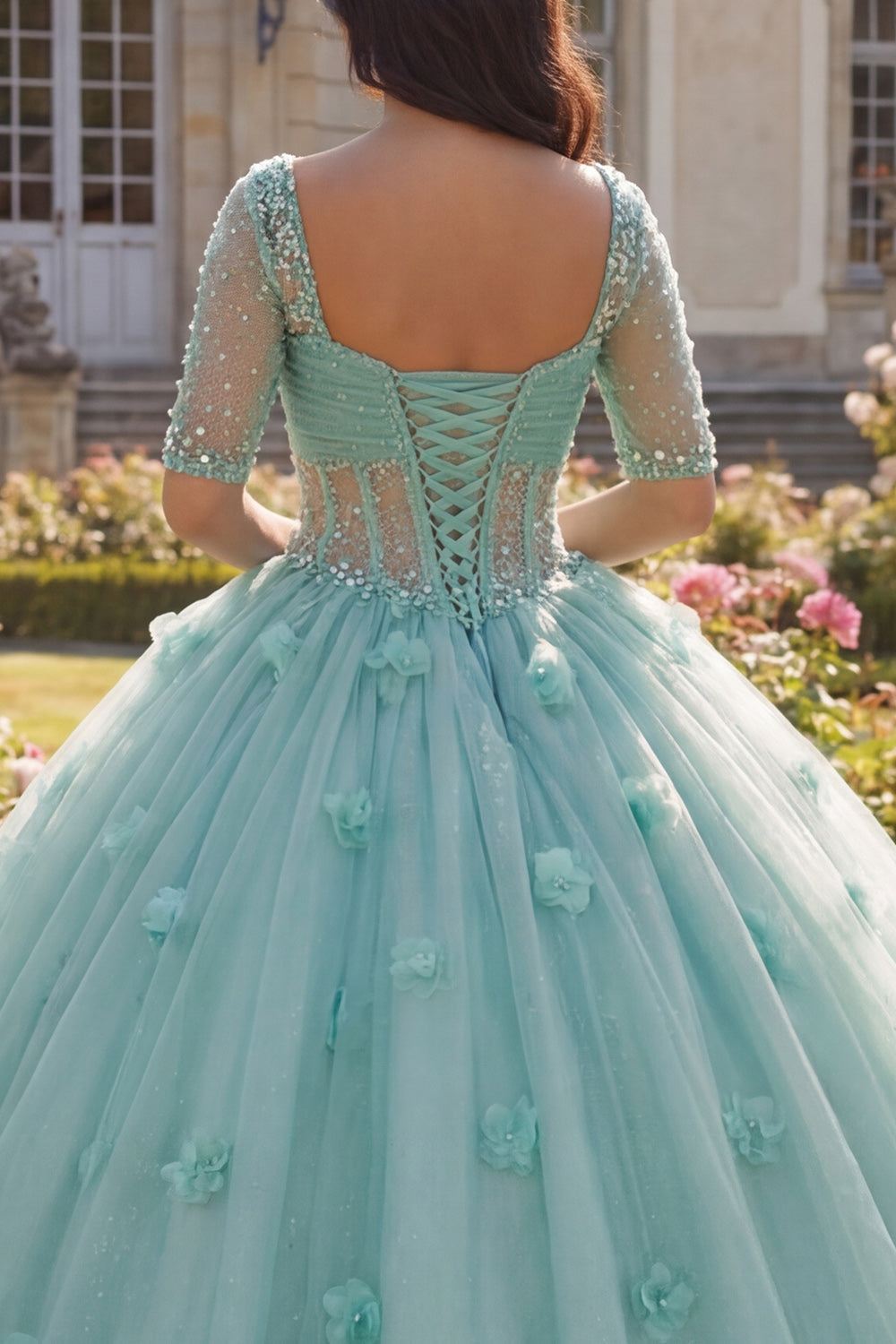 Sparkly Light Green Beaded Princess Glitter Floral Long Corset Quinceanera Dress