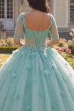 Sparkly Light Green Beaded Princess Glitter Floral Long Corset Quinceanera Dress
