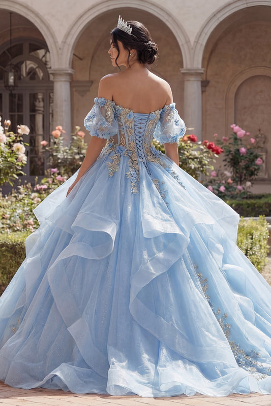 Glitter Sky Blue Princess Floral Long Corset Quinceanera Dress with Ruffles