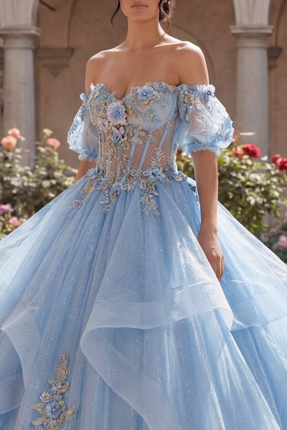 Glitter Sky Blue Princess Floral Long Corset Quinceanera Dress with Ruffles