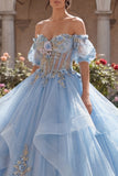 Glitter Sky Blue Princess Floral Long Corset Quinceanera Dress with Ruffles