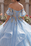 Glitter Sky Blue Princess Floral Long Corset Quinceanera Dress with Ruffles