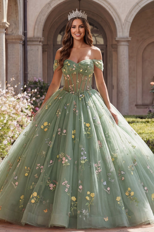 Dusty Sage Princess Off the Shoulder Floral Long Corset Quinceanera Dress