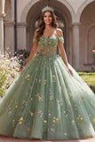 Dusty Sage Princess Off the Shoulder Floral Long Corset Quinceanera Dress