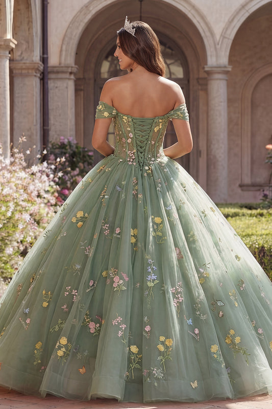 Dusty Sage Princess Off the Shoulder Floral Long Corset Quinceanera Dress