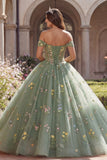 Dusty Sage Princess Off the Shoulder Floral Long Corset Quinceanera Dress