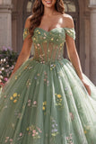 Dusty Sage Princess Off the Shoulder Floral Long Corset Quinceanera Dress