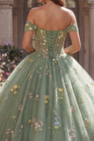 Dusty Sage Princess Off the Shoulder Floral Long Corset Quinceanera Dress