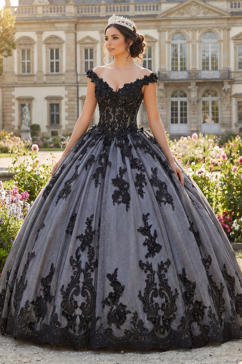 Beaded Floral Long Black Princess Quinceanera Dress with Lace