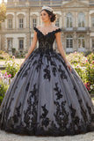Beaded Floral Long Black Princess Quinceanera Dress with Lace